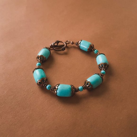 Hand Crafted Jewelry - Handmade Turquoise Howlite Gemstone Copper Beaded Southwest Style Boho Bracelet